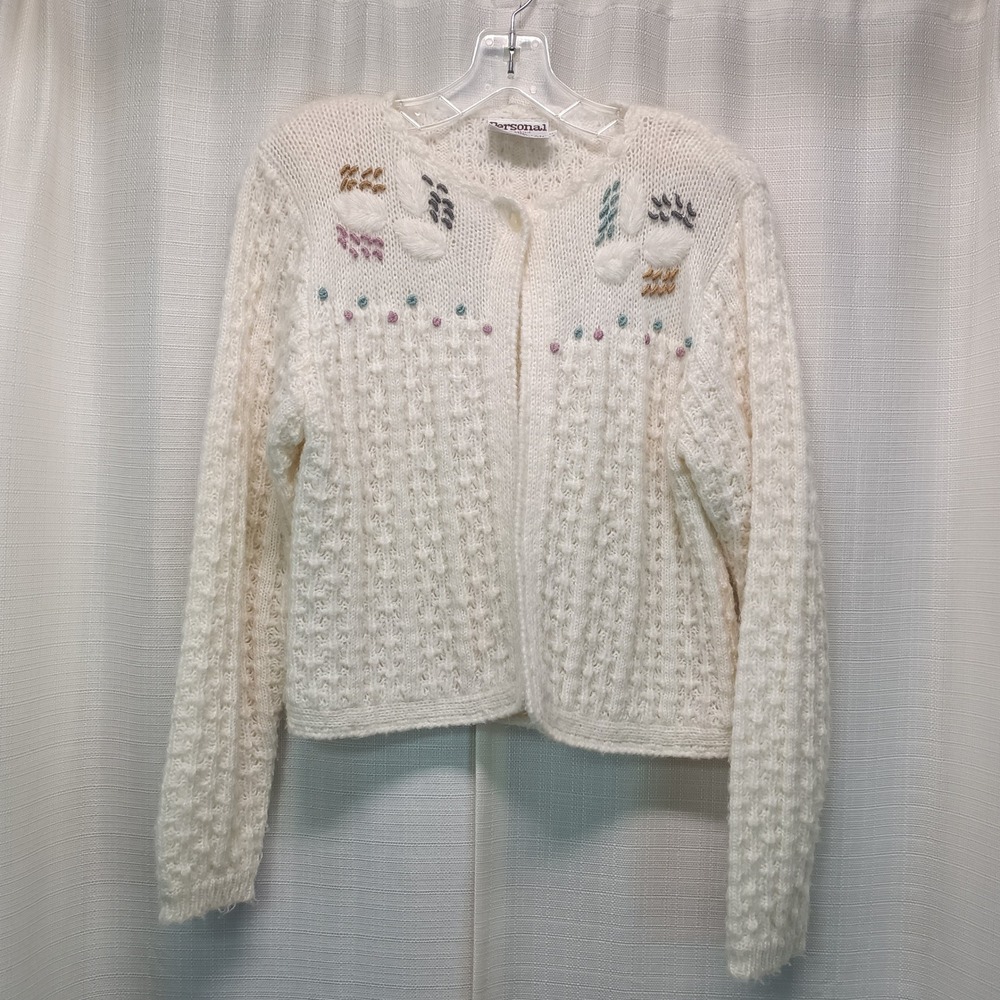 Personal‎ Vintage Cream Knit Cardigan Sweater Floral Embroidered Wool Blend M